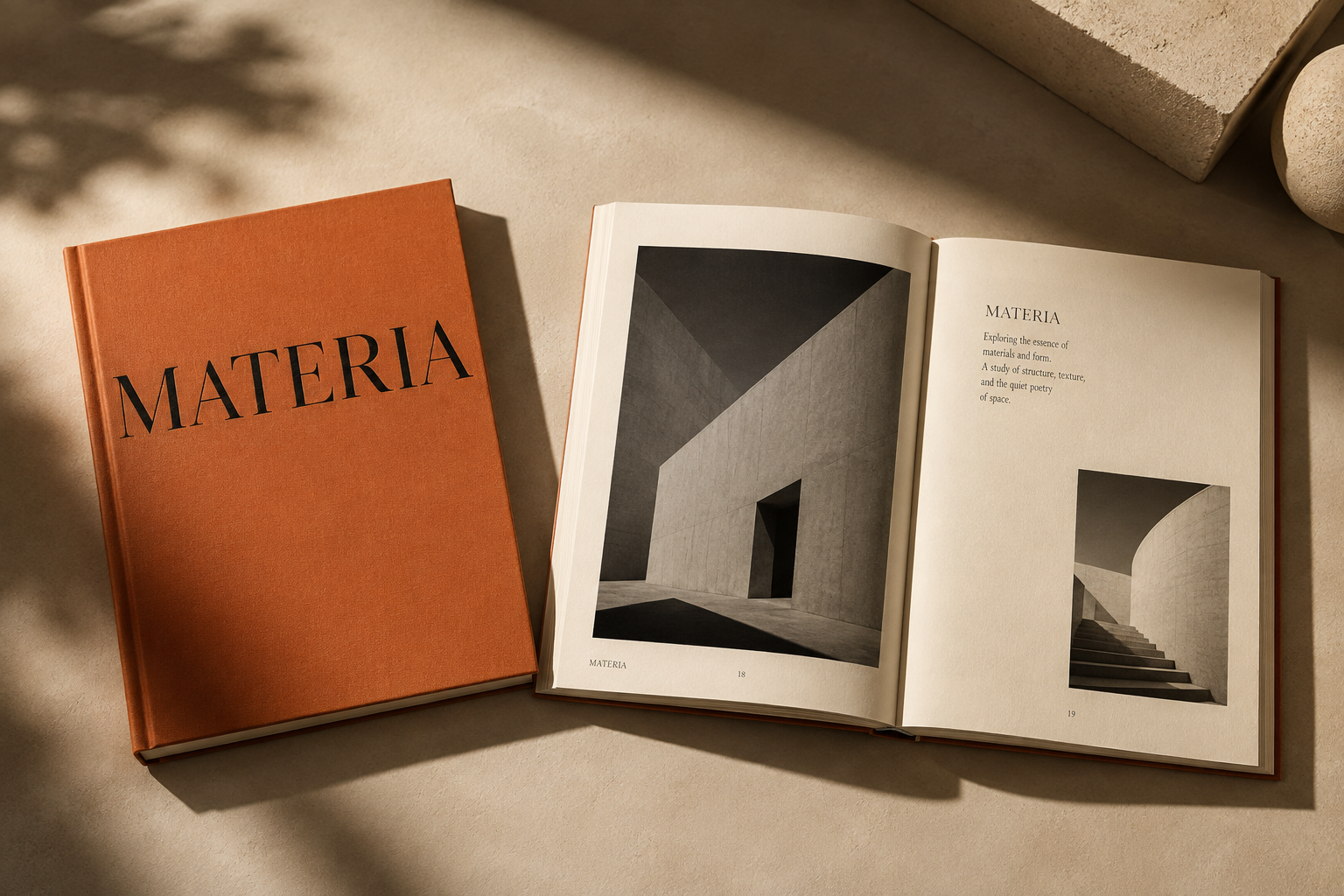 Publicación MATERIA con tapa terracota y fotografías de arquitectura